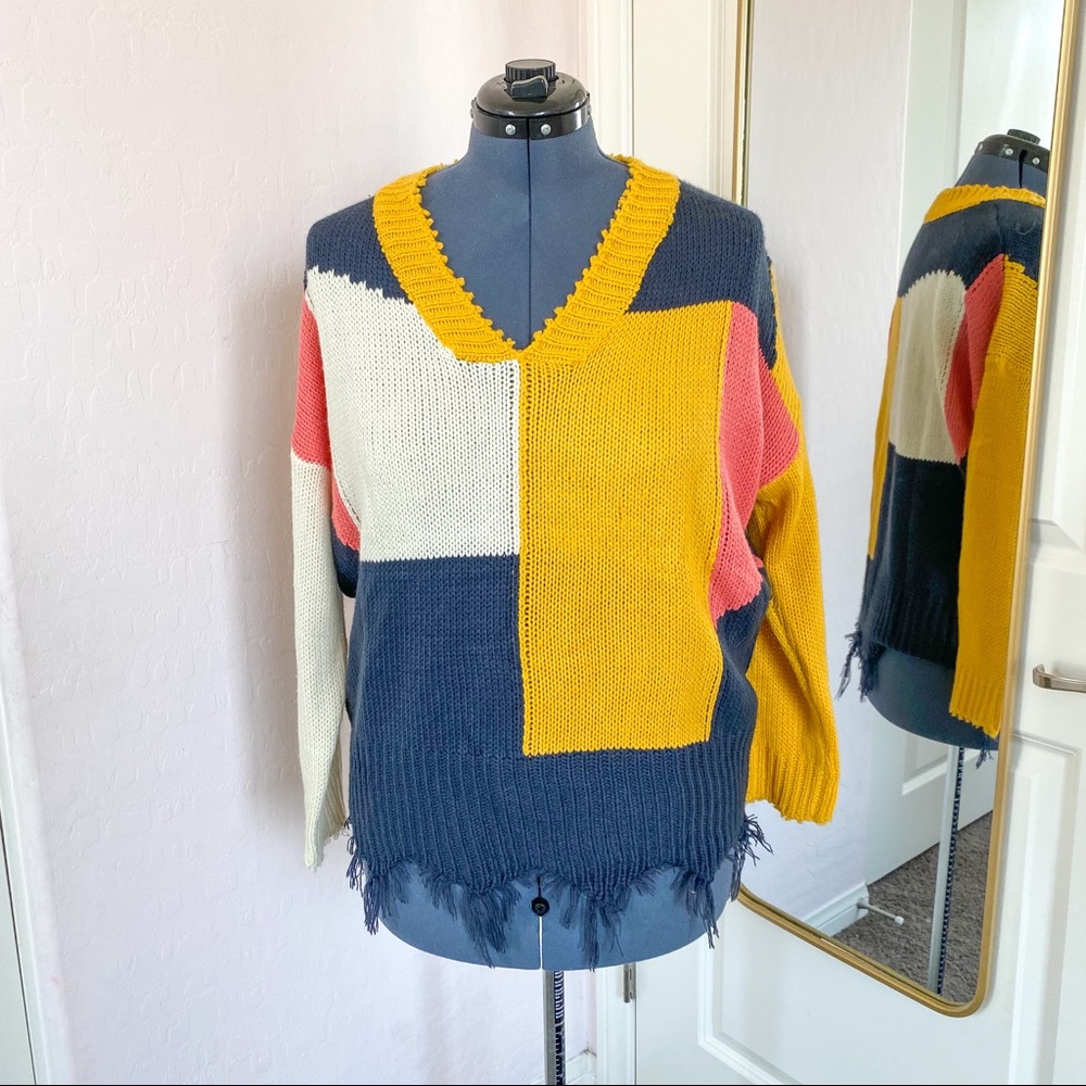 Umgee Sweater Color Block Fringe Patchwork Knitted - image 1